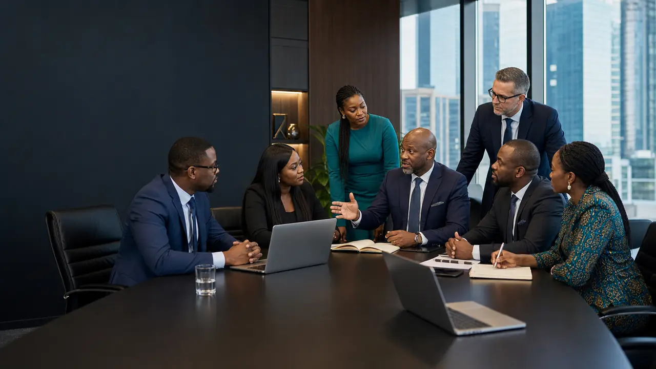 African and international corporate professionals in a boardroom strategy session